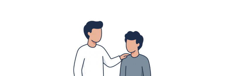 Illustration en flat design montrant un mentor posant une main bienveillante sur l'épaule d'un apprenant, sur fond blanc.