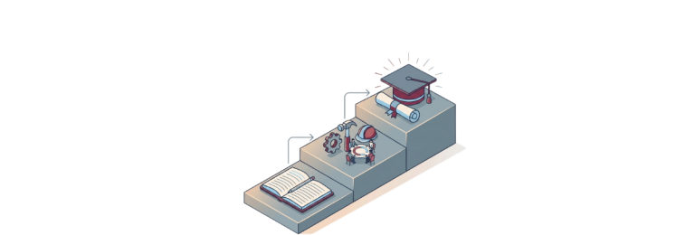 Illustration en perspective isométrique d'un escalier à trois niveaux représentant l'évolution de la formation, d'un livre ouvert vers le monde du travail puis vers un diplôme avec chapeau de doctorat.