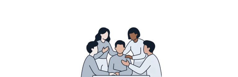 Illustration en flat design sans visages montrant un groupe de cinq personnes réunies autour d'une table dans une attitude d'écoute et de soutien mutuel.